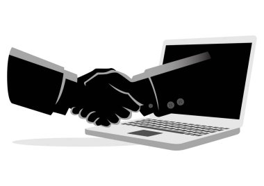Bir lap top bilgisayar iş kavramı vektör çizim bir el ile bir işadamı sıkışalım çıkar