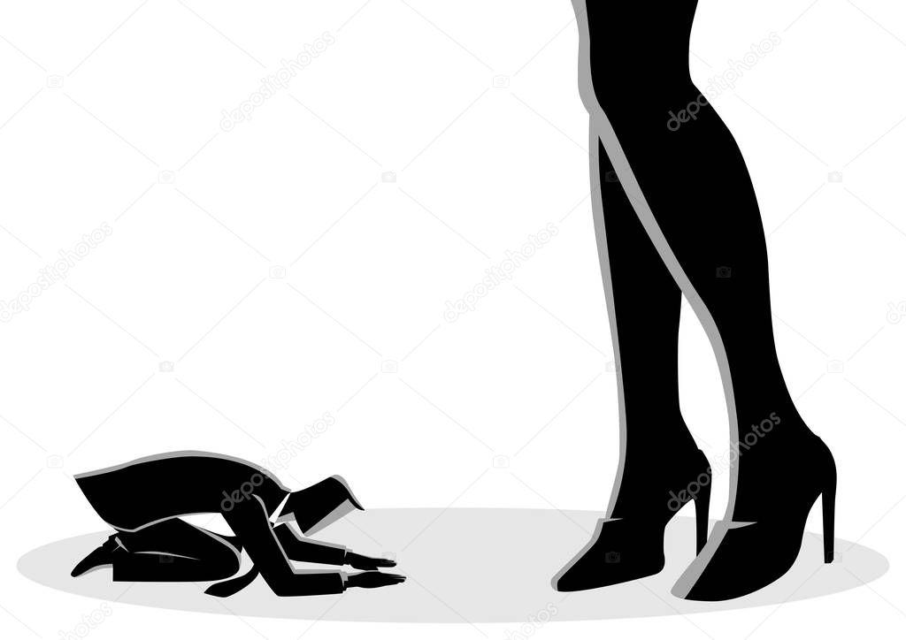 Business concept vector illustration of a businessman prostrated under female foot
