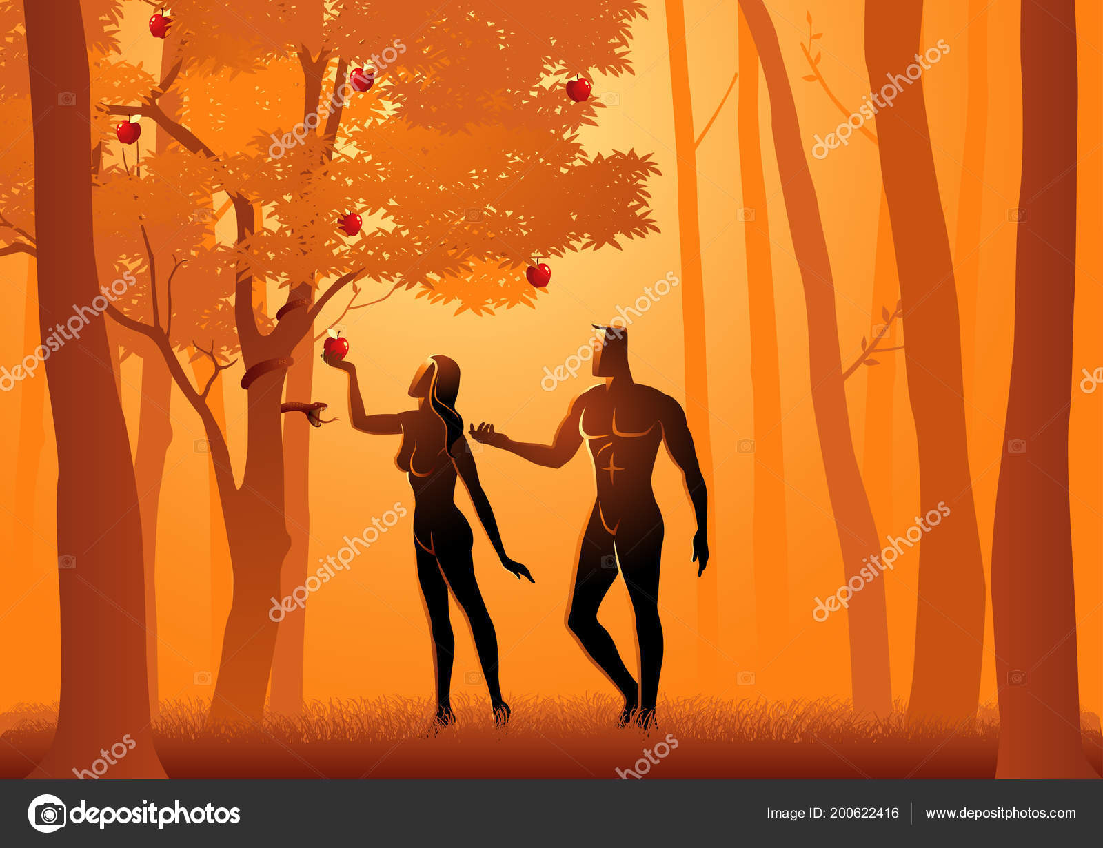 圣经的亚当和夏娃的矢量插图一条蛇欺骗夏娃从禁树上吃水果图库矢量图©rudall30 200622416