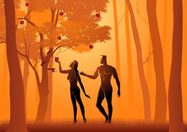 Biblical vector illustration of Adam and Eve, a serpent deceives Eve into eating fruit from the forbidden tree clipart