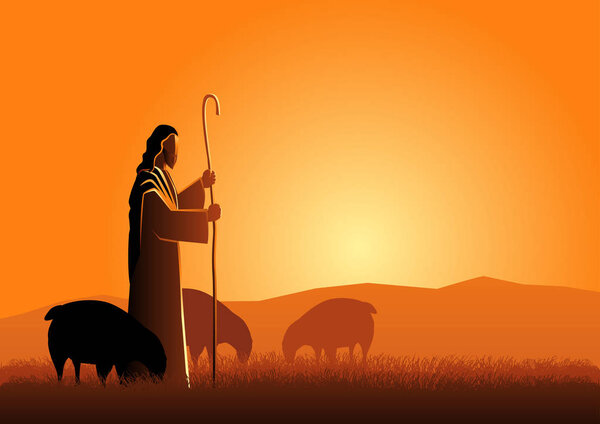 Biblical vector illustration of Jesus as a shepherd