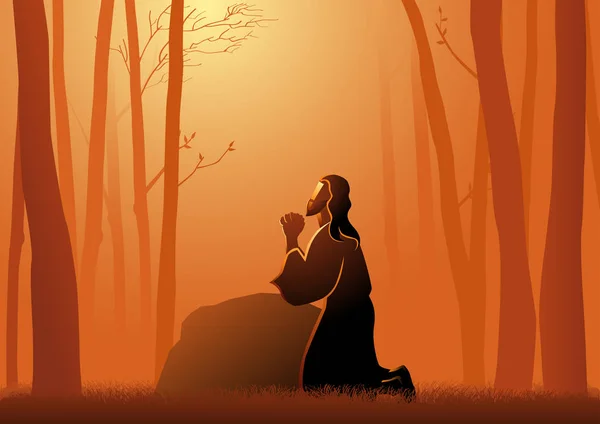 Bijbelse Vectorillustratie Van Jesus Praying Gethsemane — Stockvector