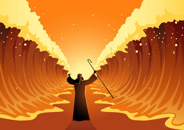 Biblical and religion vector illustration series, Moses held out his staff and the Red Sea was parted by God