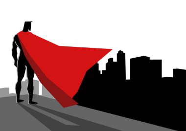 Bir süper kahraman duran yüksek bina kenarındaki basit düz vektör grafik illüstrasyon