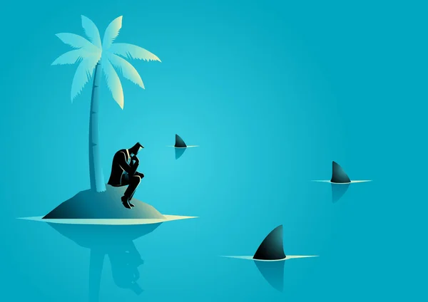 Business concept vector illustration of a businessman get stuck on island with water full of shark, business, financial crisis, frustration, castaway concept