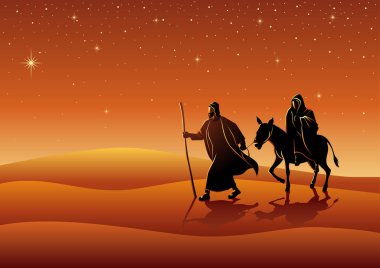 İncil'deki vektör çizim serisi. Mary ve Joseph, Bethlehem, yolculuk Noel Tema