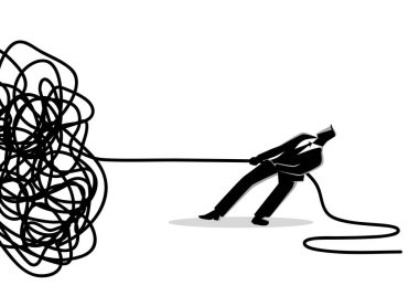 İş kavramı vektör çizim karışık ip veya kablo çözmeye çalışıyorum bir işadamı