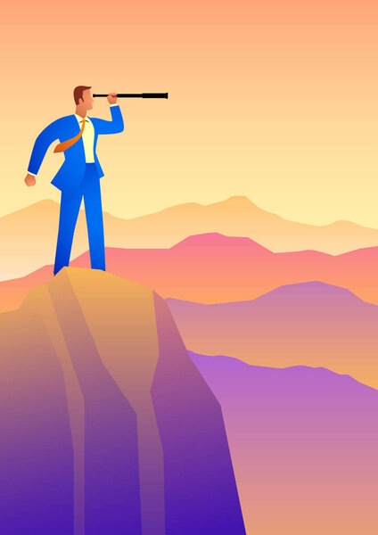 Business concept vector illustration of businessman using telescope on top of the mountain