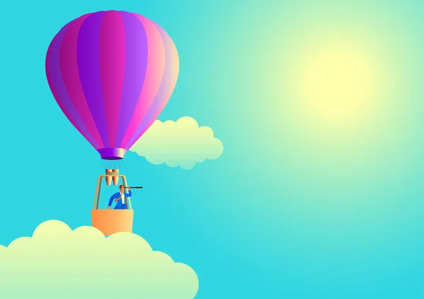 Business Concept Vector Illustration Businessman Air Balloon Using Telescope — Stock Vector