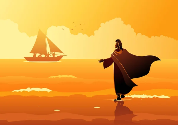 Serie Ilustración Vectorial Bíblica Jesús Caminando Sobre Agua — Vector de stock