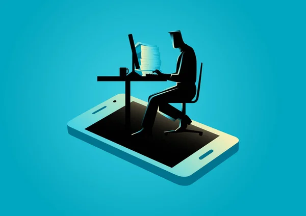 Business Concept Vector Illustration Man Working Computer Appearing Smartphone Modern — Stock Vector