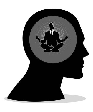 Vektör çizim yoga poz yapıyor insan kafası bir işadamı. Huzurlu mind, sakin kavramı
