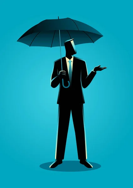 Business concept illustration of a businessman holding an umbrella, precaution or safety concept