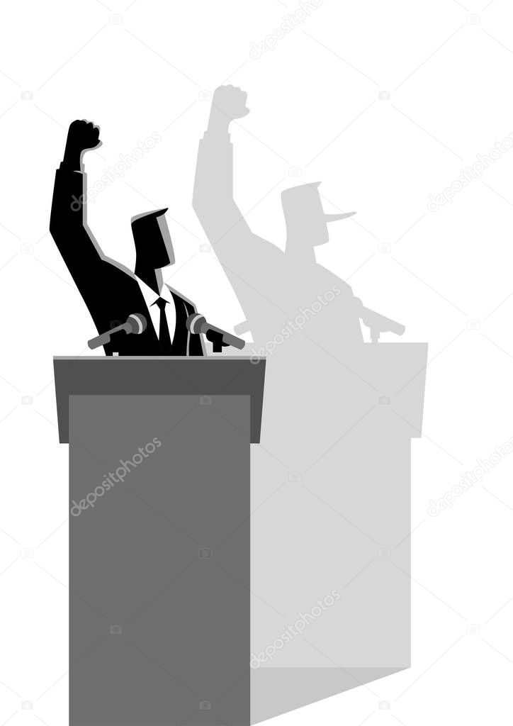 Vector illustration of a man on a podium giving speech with his long nose shadow. Concept of liar.