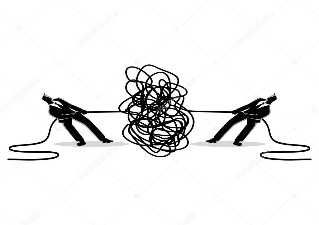 Business concept vector illustration of businessmen trying to unravel tangled rope or cable