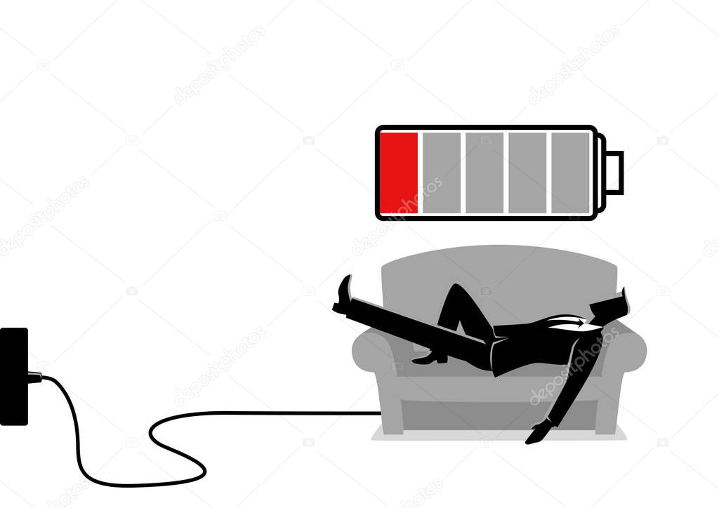 Business illustration of a businessman taking a nap on sofa. Laying, relaxing, recharge, resting concept