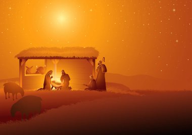 İncille vektör çizim serisi, Kutsal Aile istikrarlı Doğum sahnesi. Noel Tema