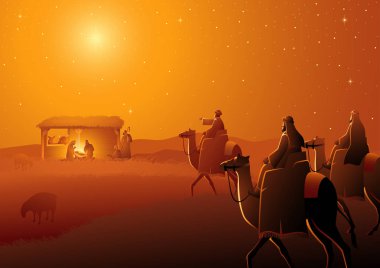 İncil'deki vektör çizim serisi, Kutsal Aile Doğum sahnesi ve üç Akil adam. Noel Tema