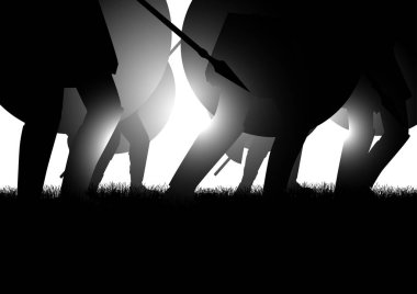 Vector illustration of ancient army marching, holding a shield and spear. Invasion, historic battle theme clipart