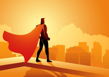 Bir süper kahraman ayakta bir bina cityscape gündoğumu veya günbatımı izlerken kenarına silüeti çizgi film