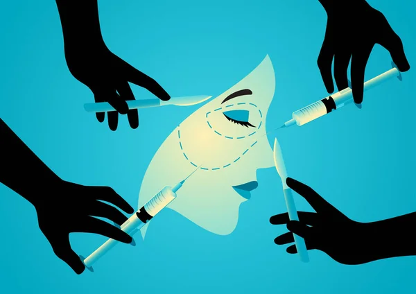 Vector Illustration Hands Holding Scalpels Syringes Woman Face Symbol Plastic — Stock Vector