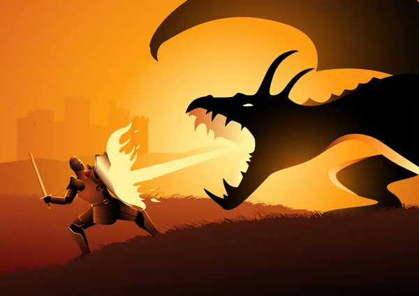 Vector Illustration Knight Fighting Dragon Risk Courage Leadership Concept — Stock Vector