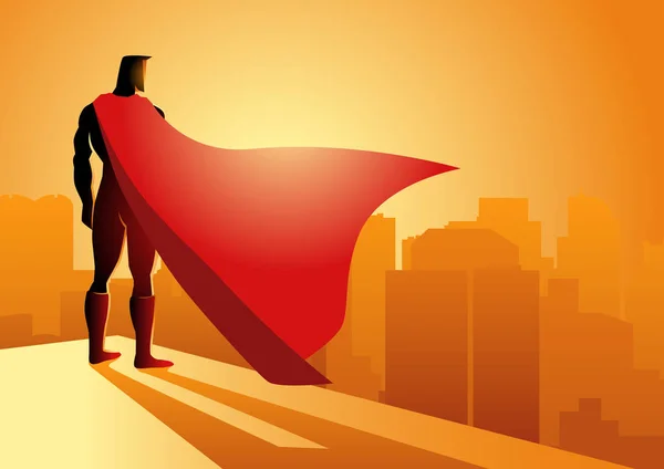 Γελοιογραφία Απεικόνισή Του Ένα Superhero Στέκεται Στην Άκρη Ενός Κτιρίου — Διανυσματικό Αρχείο