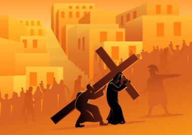 İncil'deki vektör çizim serisi. Yol çapraz veya istasyonları haç beşinci istasyonu, Simon Cyrene yardımcı olur onun haç taşıyan İsa.
