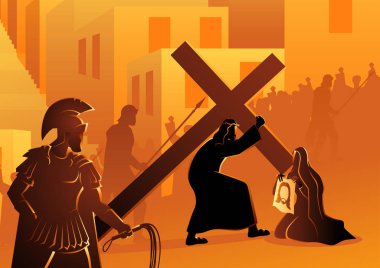 Biblical vector illustration series. Way of the Cross or Stations of the Cross, sixth station, Veronica wipes the face of Jesus. clipart