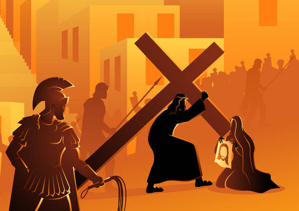 Biblical vector illustration series. Way of the Cross or Stations of the Cross, sixth station, Veronica wipes the face of Jesus.