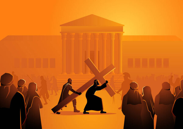 Biblical vector illustration of Way Of The Cross or Stations of the Cross, second station, Jesus accepts his cross.
