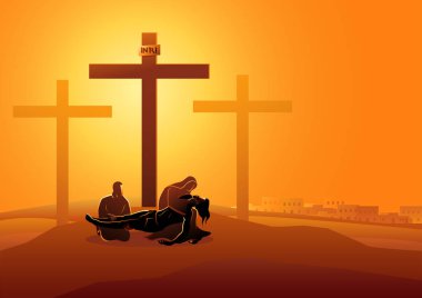 Biblical vector illustration series. Way of the Cross or Stations of the Cross, thirteenth station, Jesus is taken down from the cross. clipart