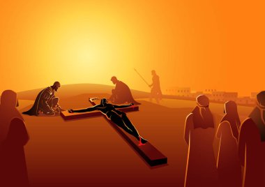 Biblical vector illustration series. Way of the Cross or Stations of the Cross, eleventh station, Jesus is Nailed To The Cross.