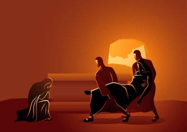 Biblical vector illustration series. Way of the Cross or Stations of the Cross, fourteenth, Jesus is placed in the tomb. clipart