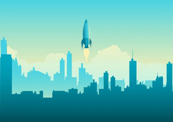 Vector Illustration Rocket Launching Cityscape Startup Business Concept — Stock Vector