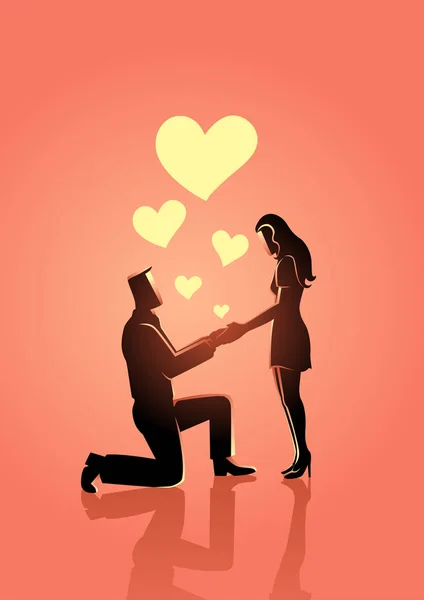 矢量插图一个男人跪着 握着他的女朋友的手 而提出婚礼建议 他的女朋友 — 图库矢量图片