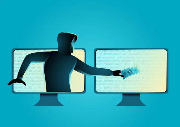 サイバー犯罪 マルウェア ウイルス およびサイバー セキュリティの概念を盗むハッカーの簡単なベクトル イラスト — ストックベクタ