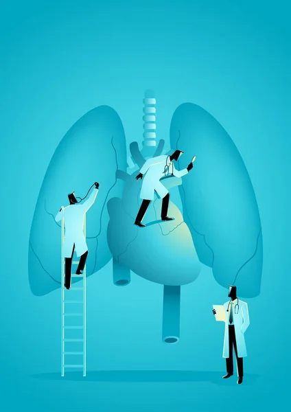 医師のチームのベクトル図は 人間の肺と心臓を診断します 呼吸器科コンセプト — ストックベクタ