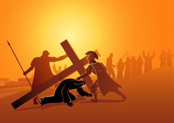 圣经的矢量插画系列 十字架或车站的方式 耶稣第三次跌倒 — 图库矢量图片