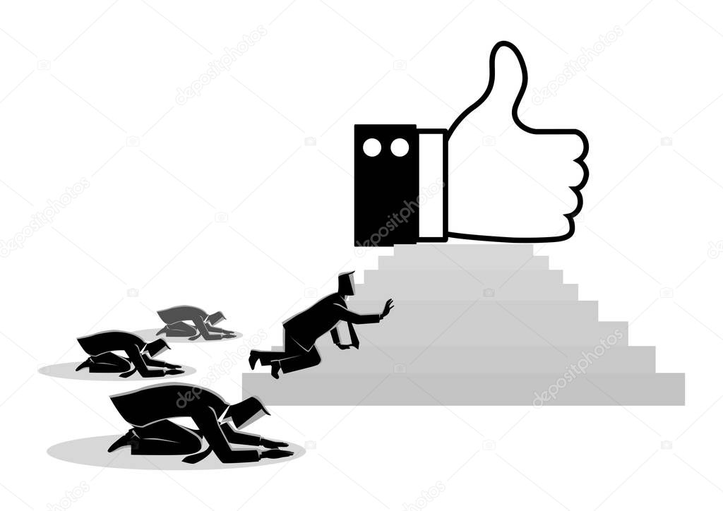 Concept vector illustration of people worshiping thumb up icon. Social media concept, people obsessed with 