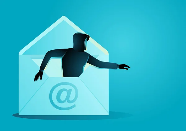 Das Bild eines Hackers kommt aus dem Umschlag. Phishing-E-Mail, Spam, Malware-Konzept — Stockillustration Hacker kommt aus Umschlag — Stockvektor
