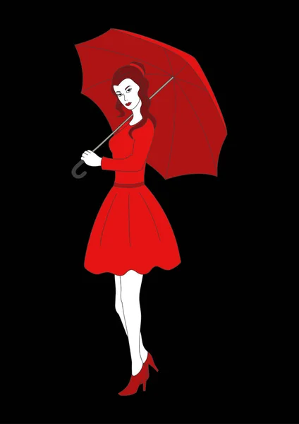 Gadis cantik bergaun merah dengan payung - Stok Vektor