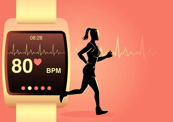 Mulher jogging com relógio inteligente —  Vetores de Stock