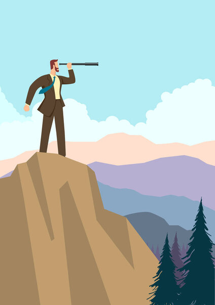 Businessman using telescope on top of the mountain