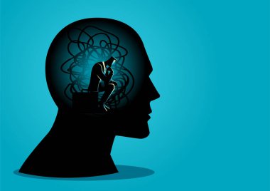 Karışık kordonlarla insan kafasında oturan adam