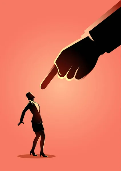 Businesswoman being pointed by giant finger — Stock Vector