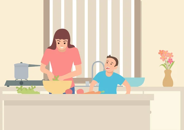 Oğluyla mutfakta faaliyet yapan anne — Stok Vektör