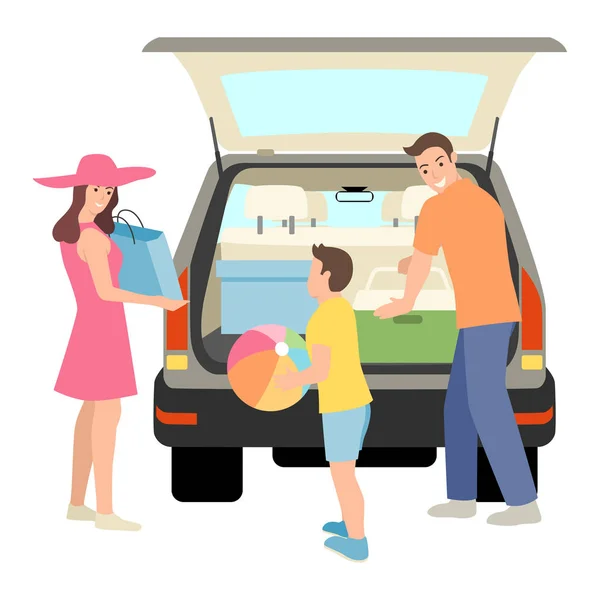 Familia embalaje cosas en coche maletero — Vector de stock