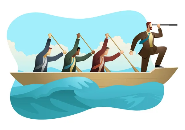 Les hommes d'affaires ramant un bateau sur l'eau hostile — Image vectorielle