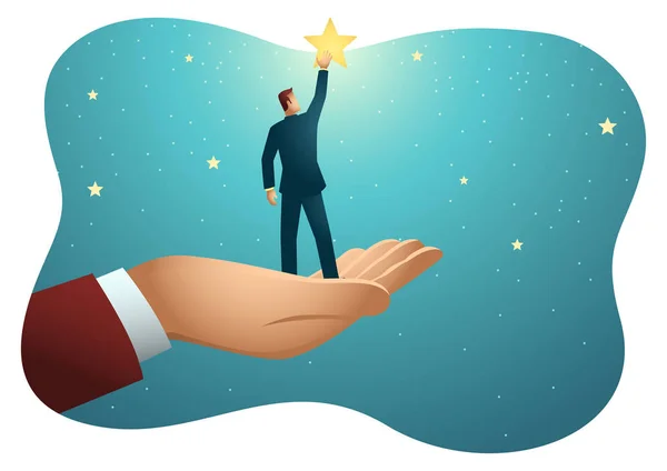 ビジネスマンが星に手を差し伸べるのを助ける巨大な手 — ストックベクタ
